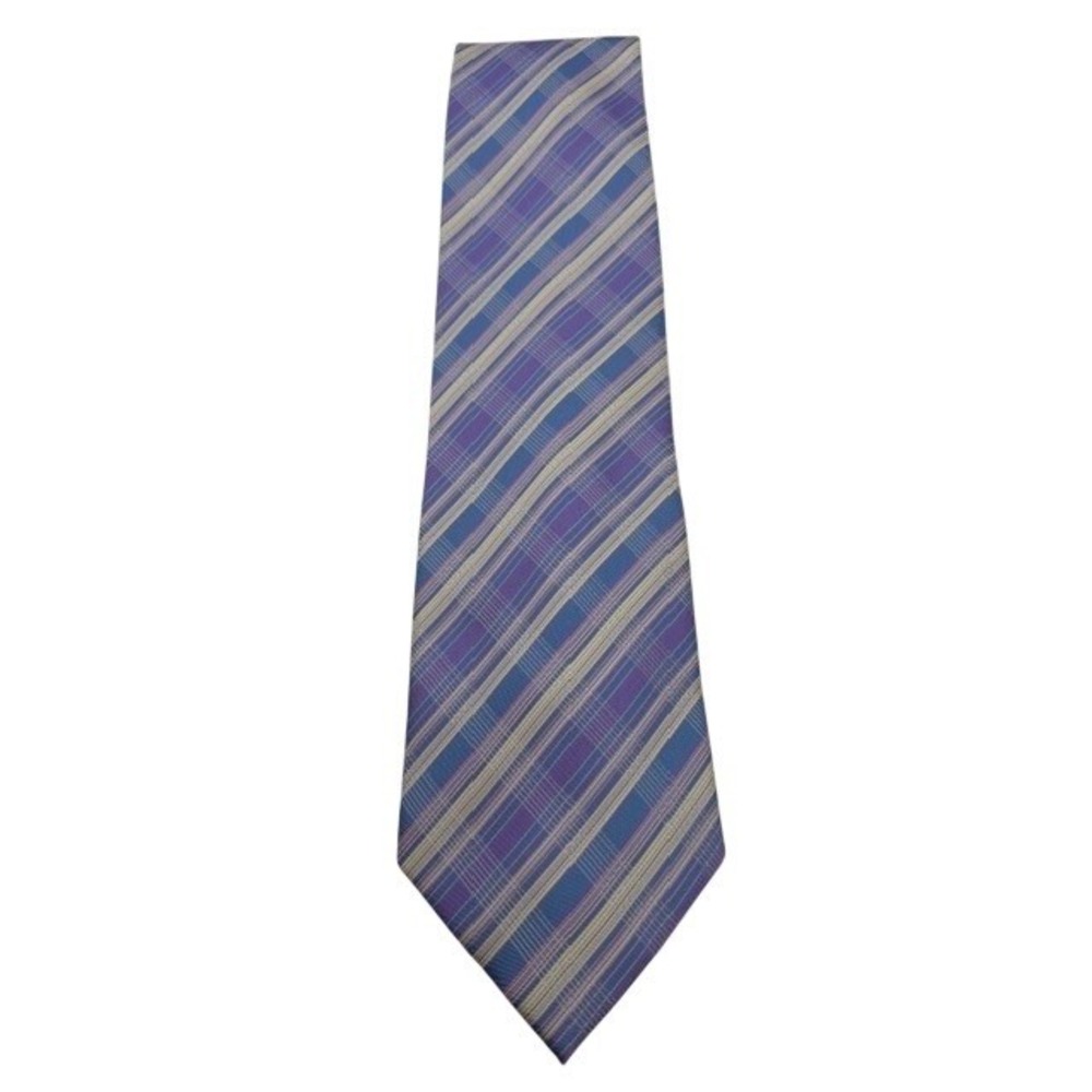 Burberry of London Mens Silk Tie Purple Blue Gold Diagonal Plaid Check Wide